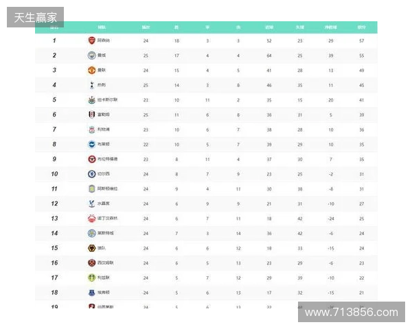 英超积分榜：阿森纳2分优势领跑，曼城、维拉分列二三位